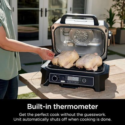 7-in-1 Grill And Smoker With Thermometer, Air Fryer, Bbq, Bake, Roast, Broil- Portable Electric Outdoor Grill, Grey