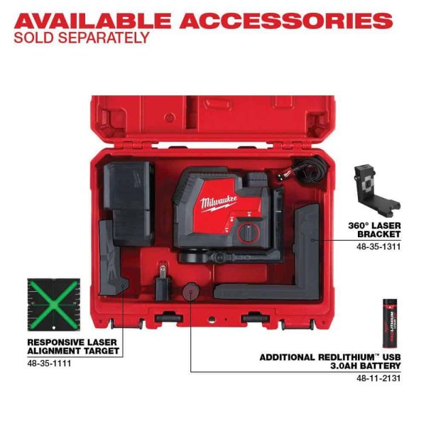 3522-21 Green 100 Ft. Cross Line And Plumb Points Rechargeable Laser Level With Redlithium Lithium-Ion USB Battery And Charger