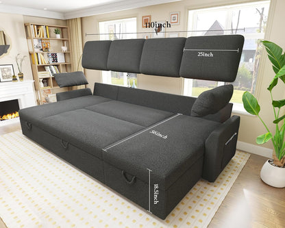 VanAcc Sofa Bed, Sleeper Sofa With Storage Chaise 2-in-1 Pull Out Couch Living Room