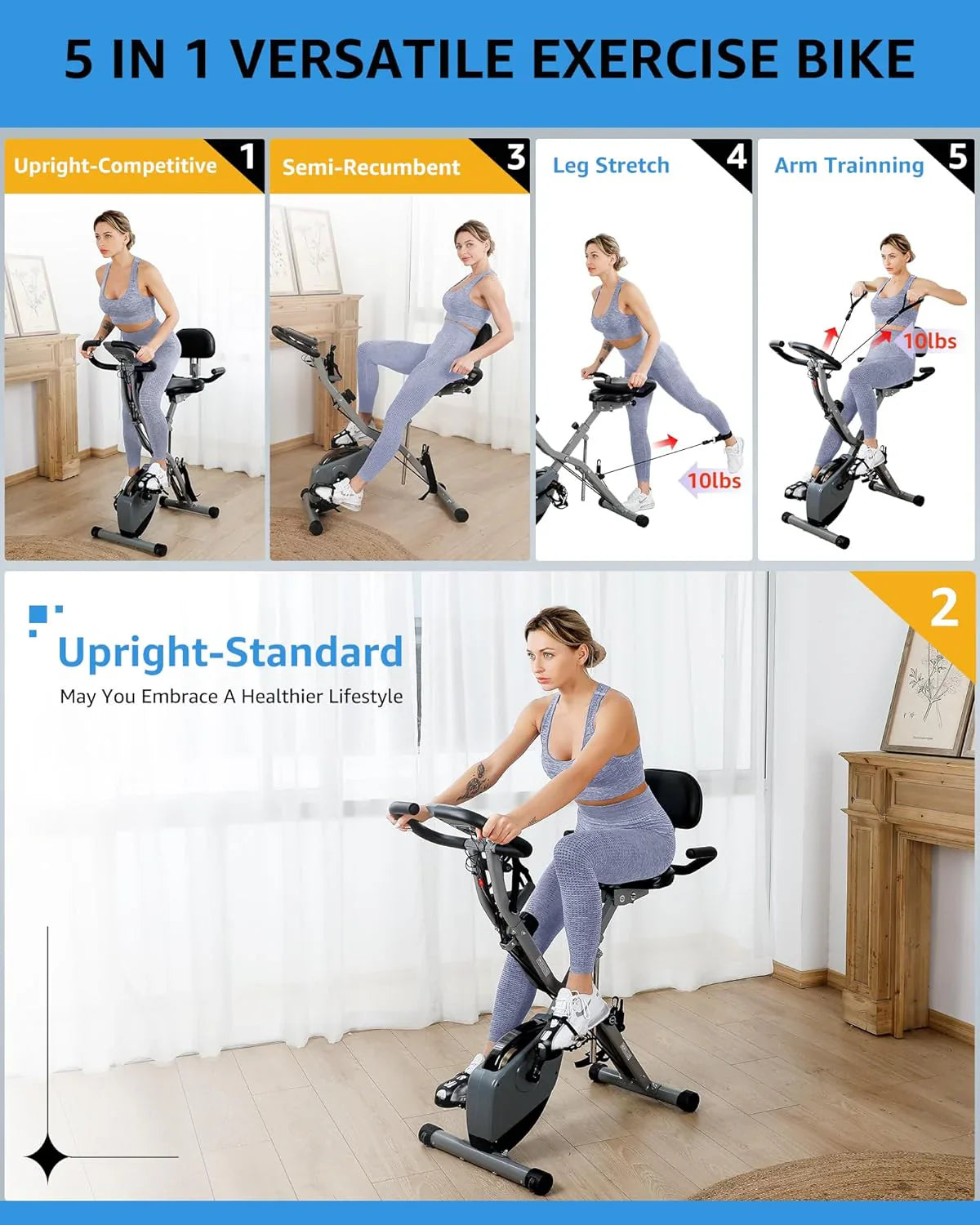 Foldable Exercise Bike Stationary Bikes For Home, 5-in-1 Indoor Workout Bike, Cycling Bike With 16-Level Quiet Magnetic Resistance
