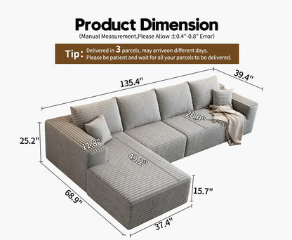 107.5 In. Cloud Modular Sectional Sofa Couch With L-Shape Chaise, Modern Minimalist Upholstered Couches For Living Room Bedroom
