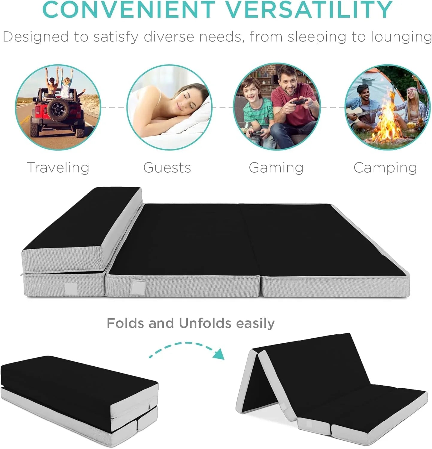 Best Choice Products 4 In. Portable Queen-Size Mattress, Tri-Fold Mattress For Camping, Guest, Toddler, Foam Plush w/Carry Case- Grey