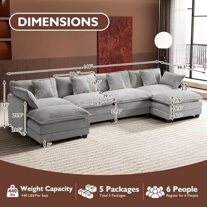 Ihanherry 146 In. U-Shaped Modern Sofa Modular Sectional Cloud Couch With 2 Ottoman