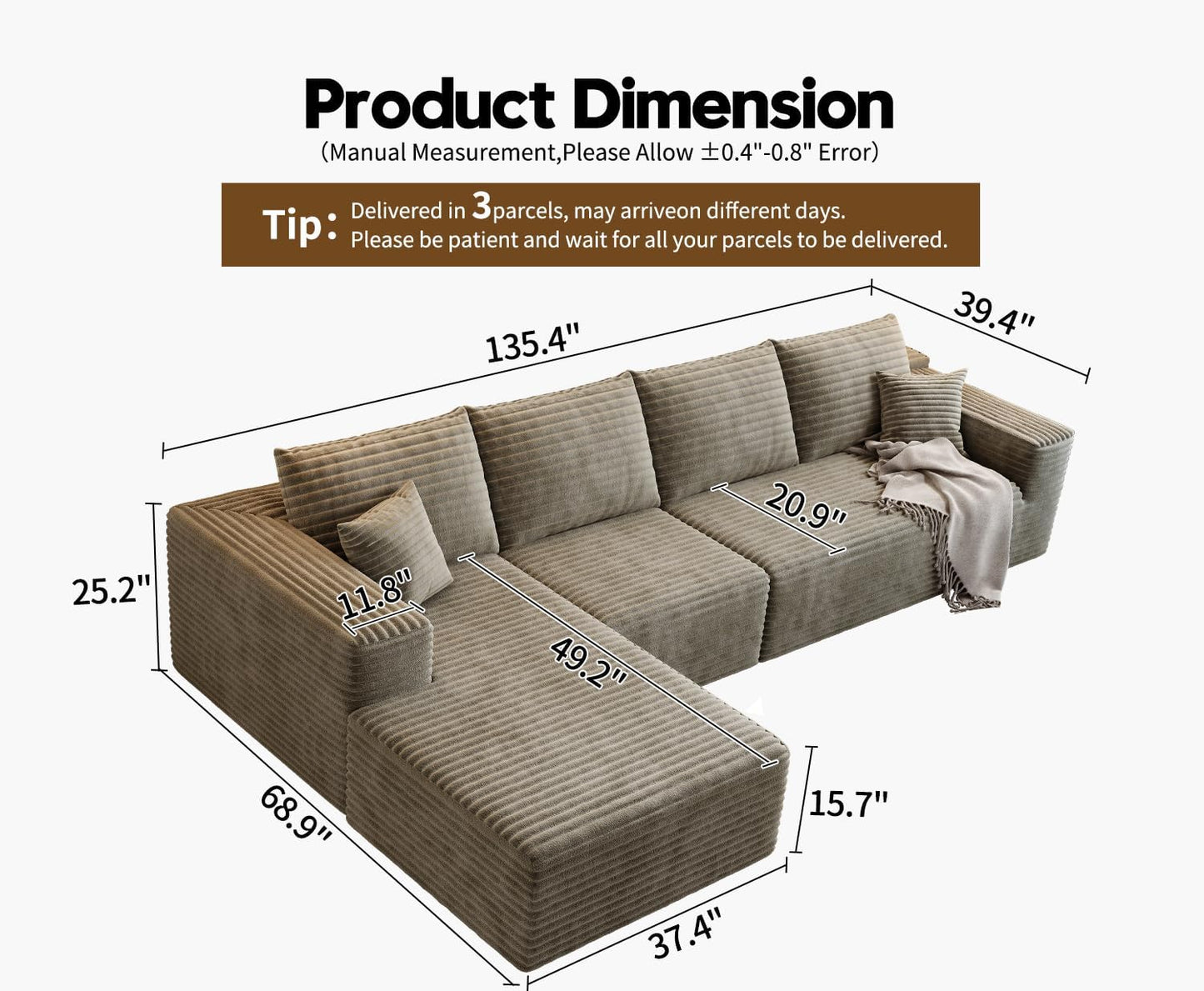 107.5 In. Cloud Modular Sectional Sofa Couch With L-Shape Chaise, Modern Minimalist Upholstered Couches For Living Room Bedroom