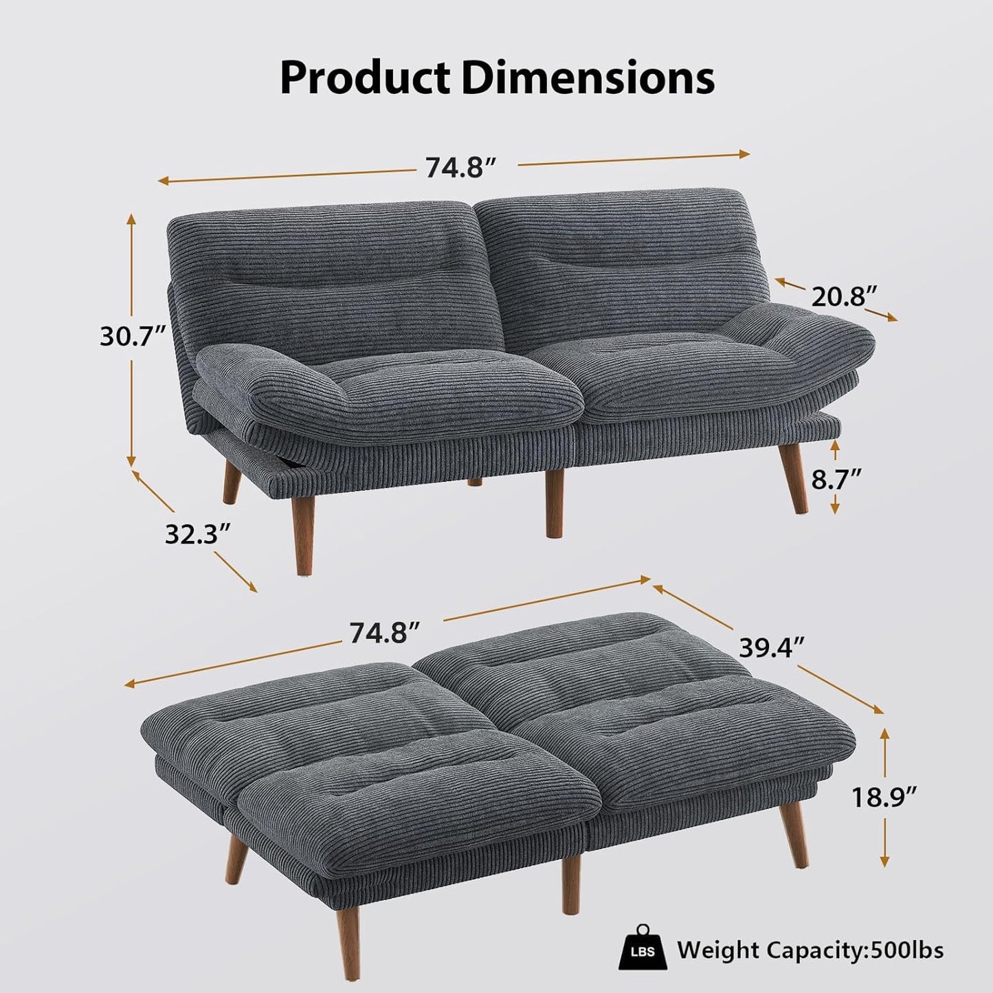 Pipishell Convertible Futon Sofa Bed, 66 In. Corduroy Futon Couch With Adjustable Backrest And Armrests, Recliner Sleeper Sofa For Small Spaces