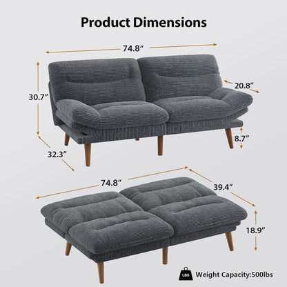 Pipishell Convertible Futon Sofa Bed, 66 In. Corduroy Futon Couch With Adjustable Backrest And Armrests, Recliner Sleeper Sofa For Small Spaces
