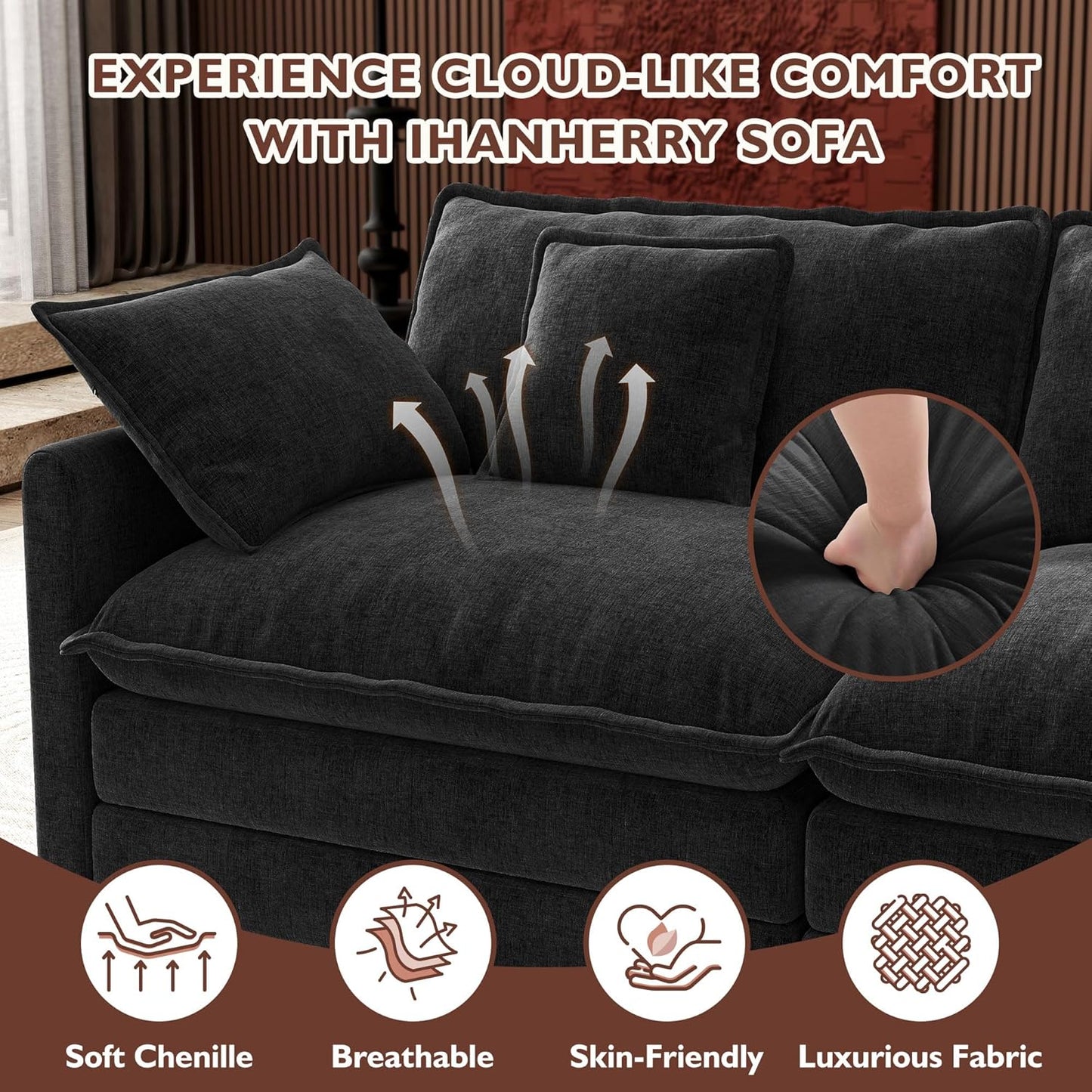 Ihanherry 146 In. U-Shaped Modern Sofa Modular Sectional Cloud Couch With 2 Ottoman