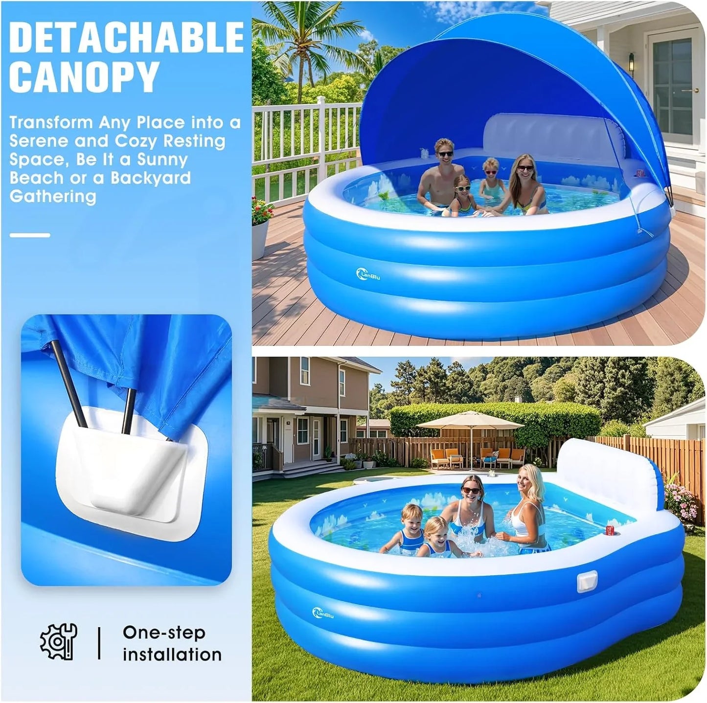 Upgraded Inflatable Pool With Canopy, Inflatable Family Lounge Pool, Round Blow Up Pool For Adult With Bench And Backrest