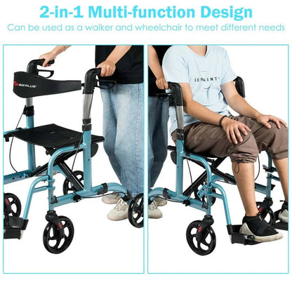2-in-1 Rollator Walker Wheelchair Folding Medical Walker Aluminum Transport Chair Mobility Walking Aid- Comfortable And Ergonomic Design