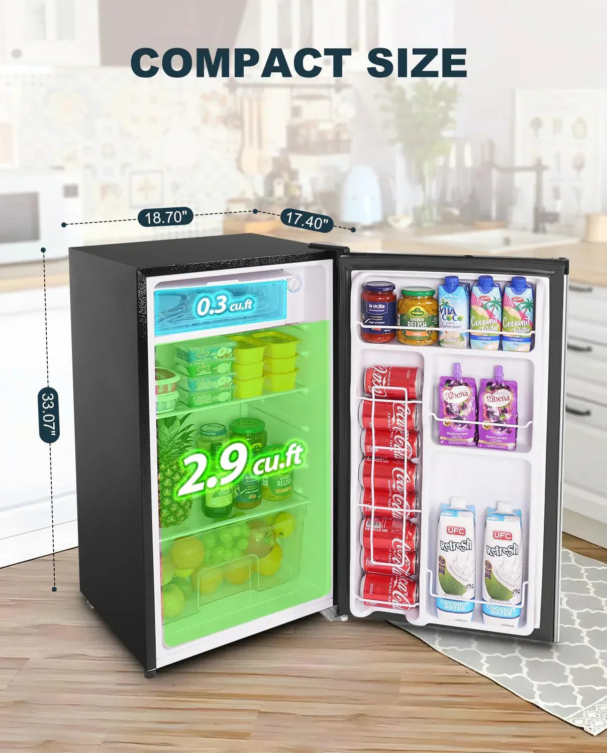 Upstreman 3.2 Cu. Ft. Mini Fridge Freezer Single Door Fridge Dorm Fridge Adjustable Thermostat
