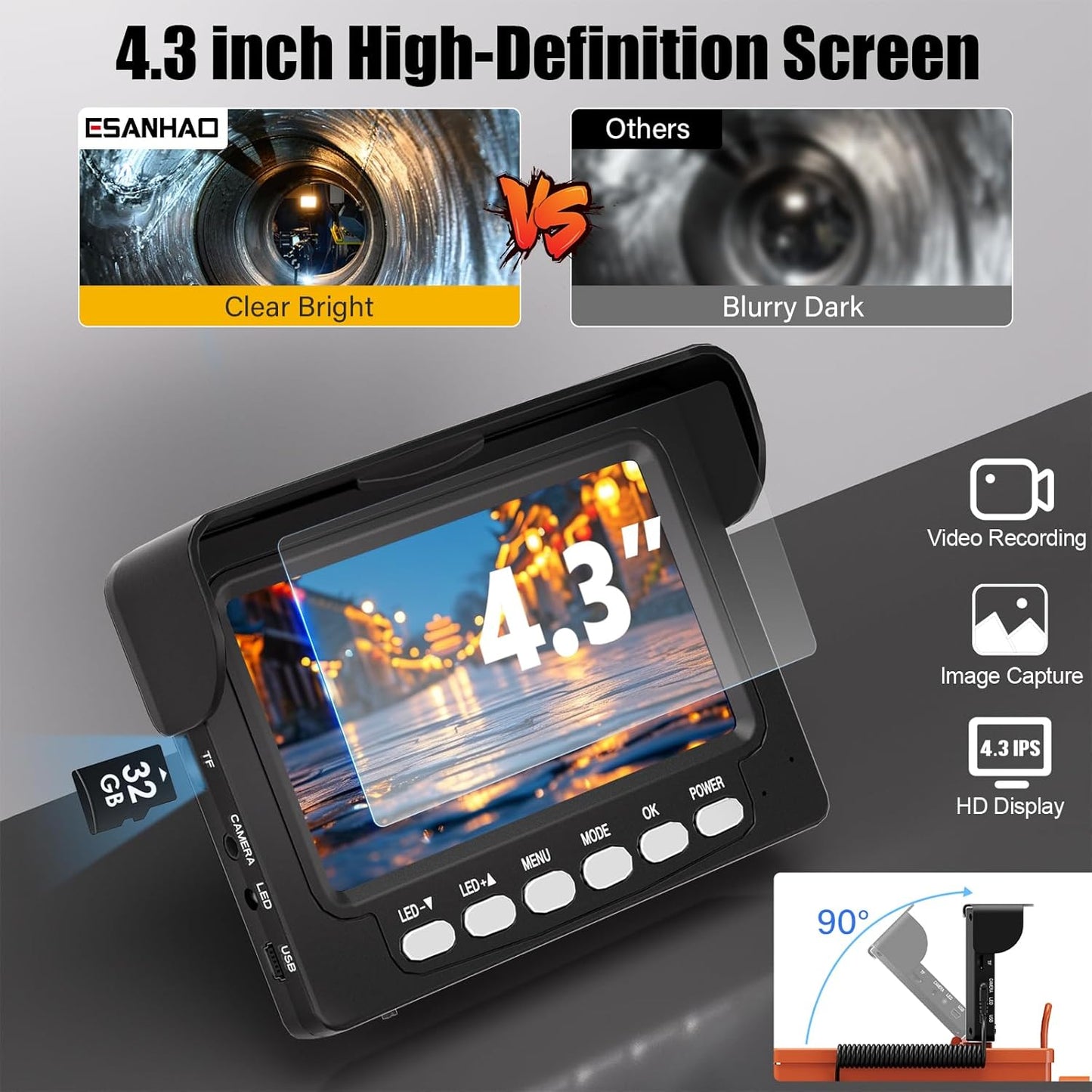 Sewer Inspection Camera, 100 Ft., DVR, Audio, 4.3 In. Screen