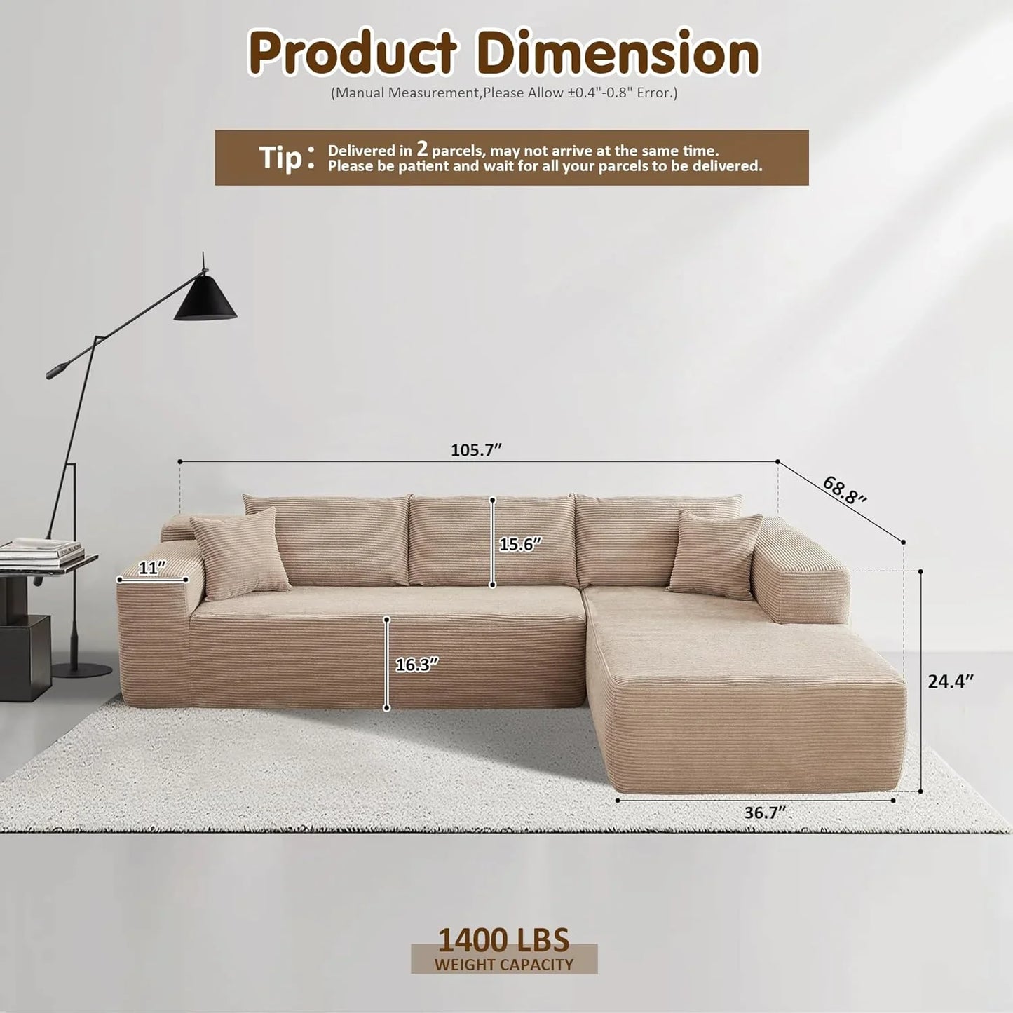 Ovios 104 In. Cloud Sectional Couch With L-Shape Chaise, Modern Modular Sofa With Deep Seat, Upholstered Couches For Living Room Bedroom