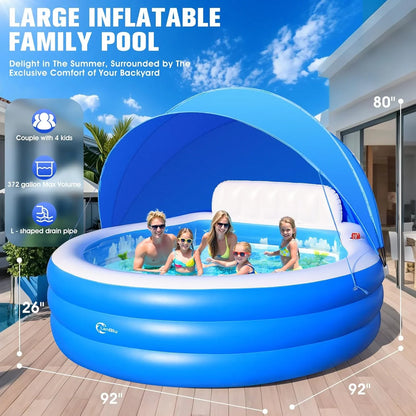Upgraded Inflatable Pool With Canopy, Inflatable Family Lounge Pool, Round Blow Up Pool For Adult With Bench And Backrest