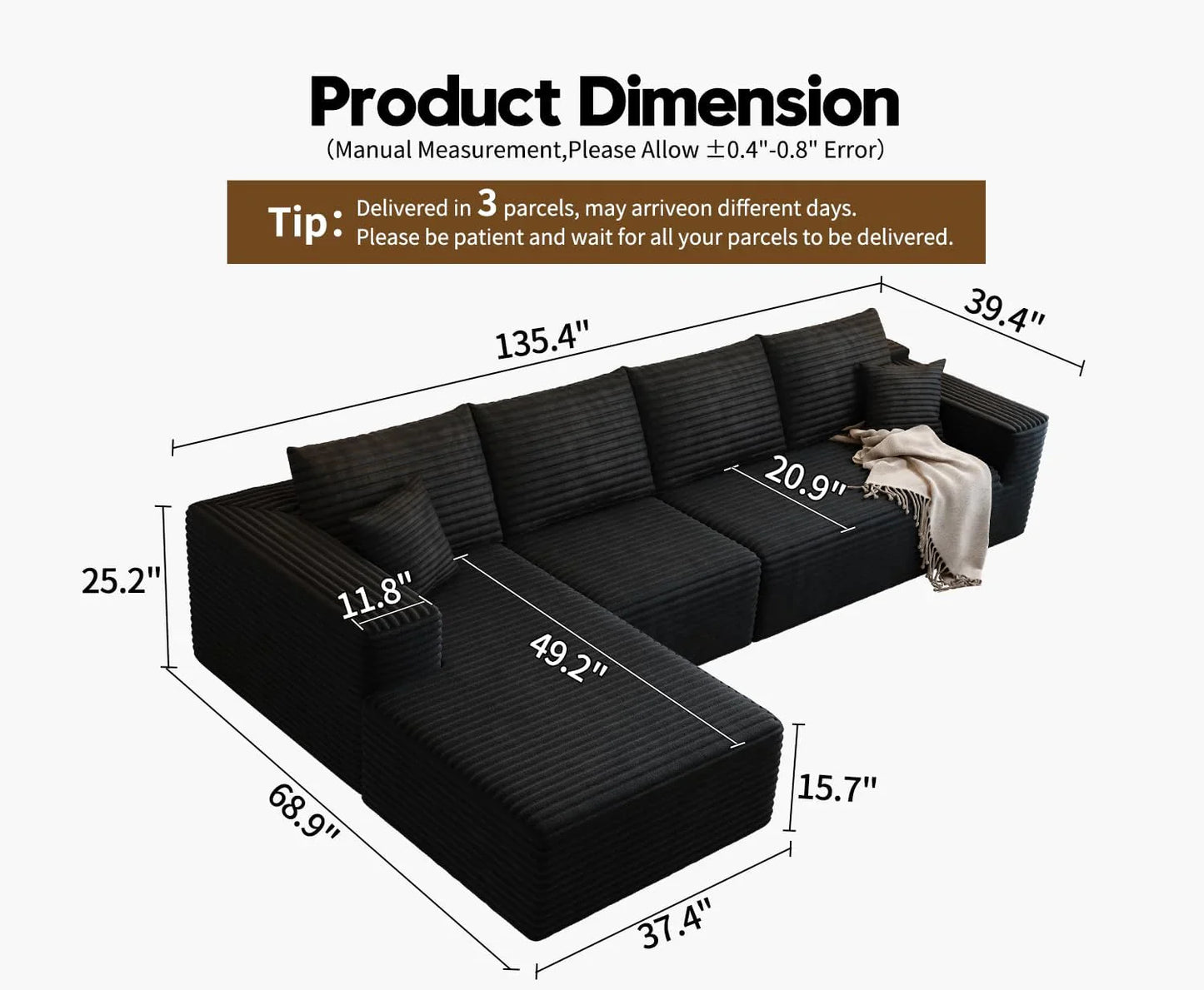 107.5 In. Cloud Modular Sectional Sofa Couch With L-Shape Chaise, Modern Minimalist Upholstered Couches For Living Room Bedroom
