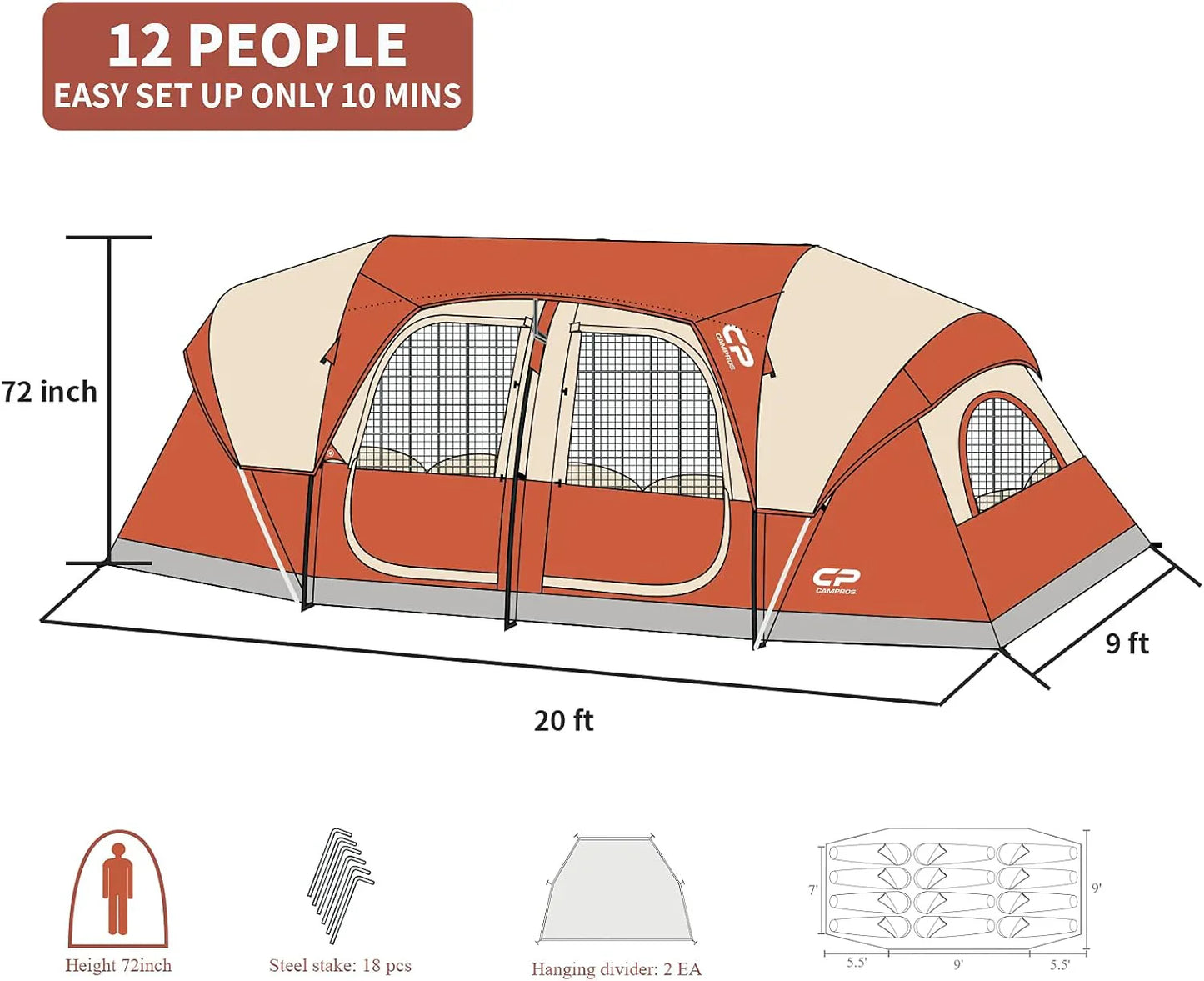 Campros Cp Tent 12-Person-Camping-Tents, 3 Room Family Tents, Waterproof Windproof Family Tent With Top Rainfly, 6 Large Mesh Windows