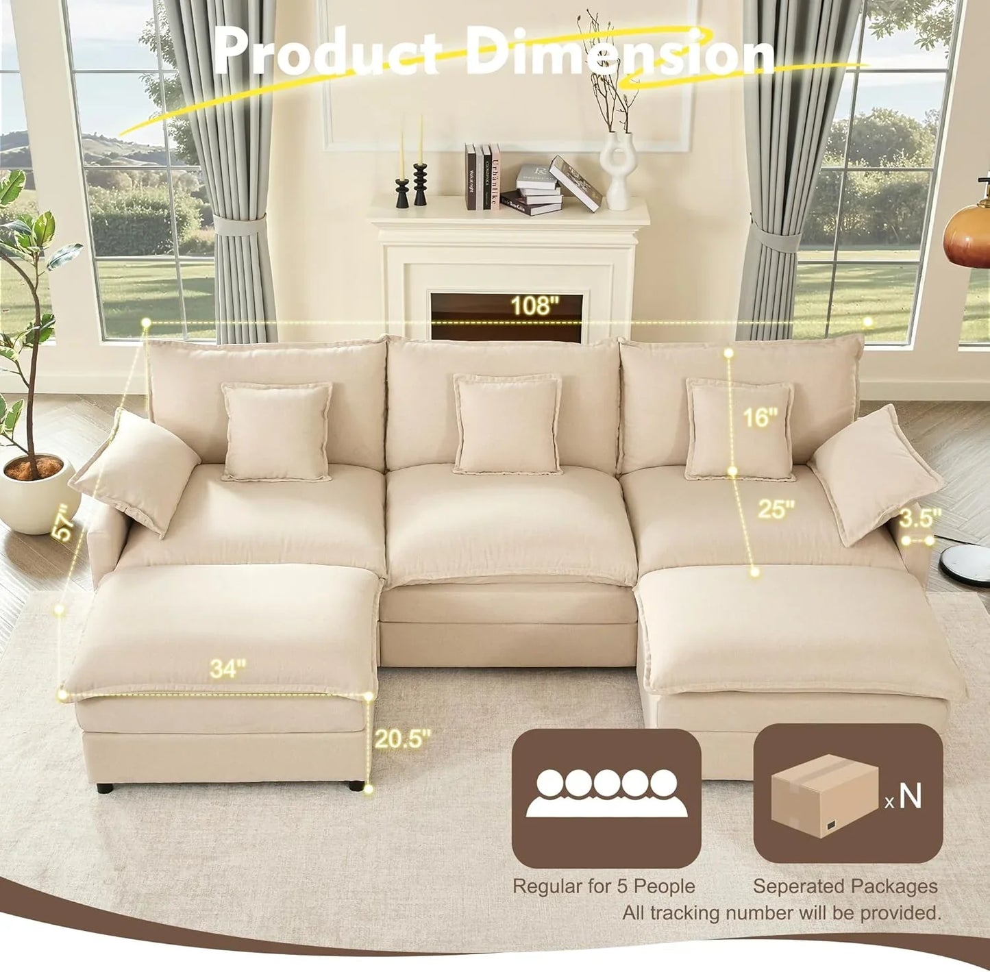 108 In. U Shape Sofa Sectional Sofa Comfortable Cloud Sofa With Removable Footstool