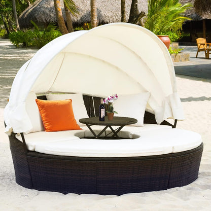 Outdoor Daybed, Rattan Round Daybed With Sunshade Canopy, Patio Set With Cushions And Adjustable Coffee Table, Rattan Patio Furniture