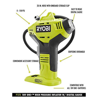 Ryobi One Plus P737D Cordless Inflator With Digital Gauge, 18V Lithium-Ion Battery, 150 PSI, Portable Pump