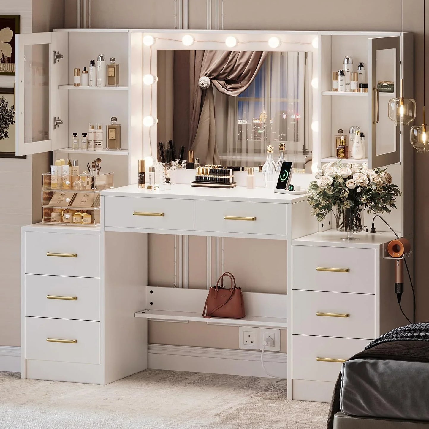 Black Vanity Desk With Mirror, Lights And Charging Station, 58.3 In. 3 Lighting Modes