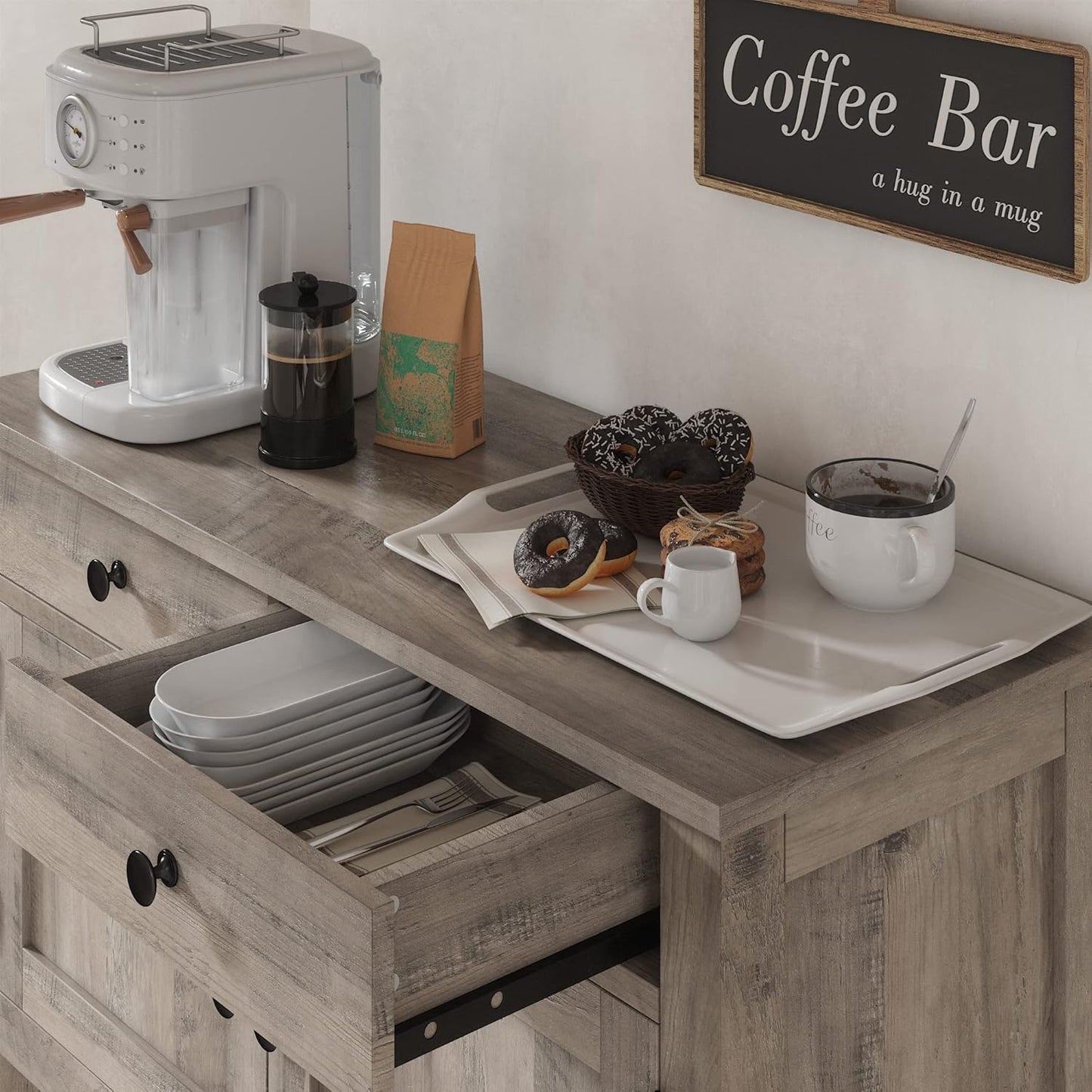 Hostack Farmhouse Console Table With 2-Door Cabinet And 2 Drawers, Coffee Bar, Entryway Table With Storage Shelf