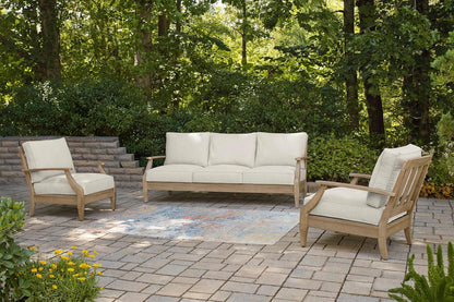 Signature Design By Ashley Clare View Coastal Outdoor Patio Eucalyptus Sofa With Cushions, Beige