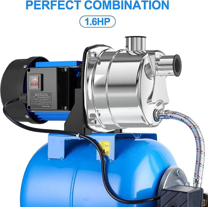 1.6HP Shallow Well Pump With Pressure Tank 1268 Gph Stainless Steel Jet Pump Transfer Drainage Booster Pump Garden Sprinkler System Water Pump