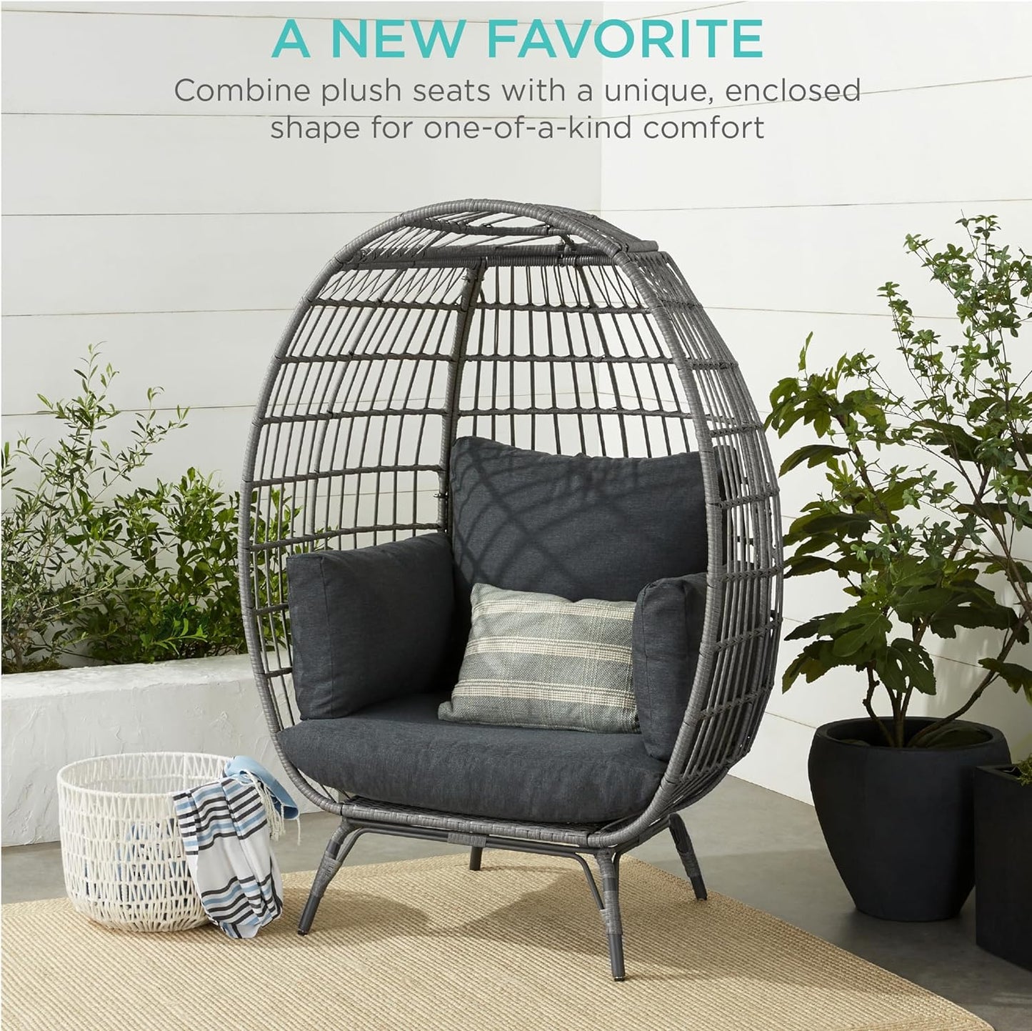 Best Choice Products Wicker Egg Chair Oversized Indoor Outdoor Lounger For Patio Backyard Living Room W/4 Cushions Steel Frame 440lb Capacity- Ivory