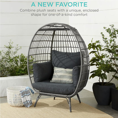 Best Choice Products Wicker Egg Chair Oversized Indoor Outdoor Lounger For Patio Backyard Living Room W/4 Cushions Steel Frame 440lb Capacity- Ivory