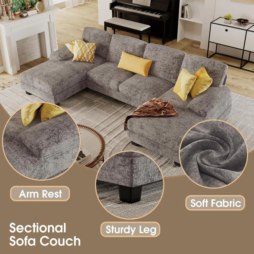 Furmax Sectional Couches For Living Room, U-Shaped Sofa Couch With Linen Fabric, 4 Seat Sofa Set With Double Chaise For Apartment, Fabric, Grey