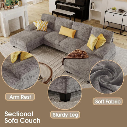 Furmax Sectional Couches For Living Room, U-Shaped Sofa Couch With Linen Fabric, 4 Seat Sofa Set With Double Chaise For Apartment, Fabric, Grey