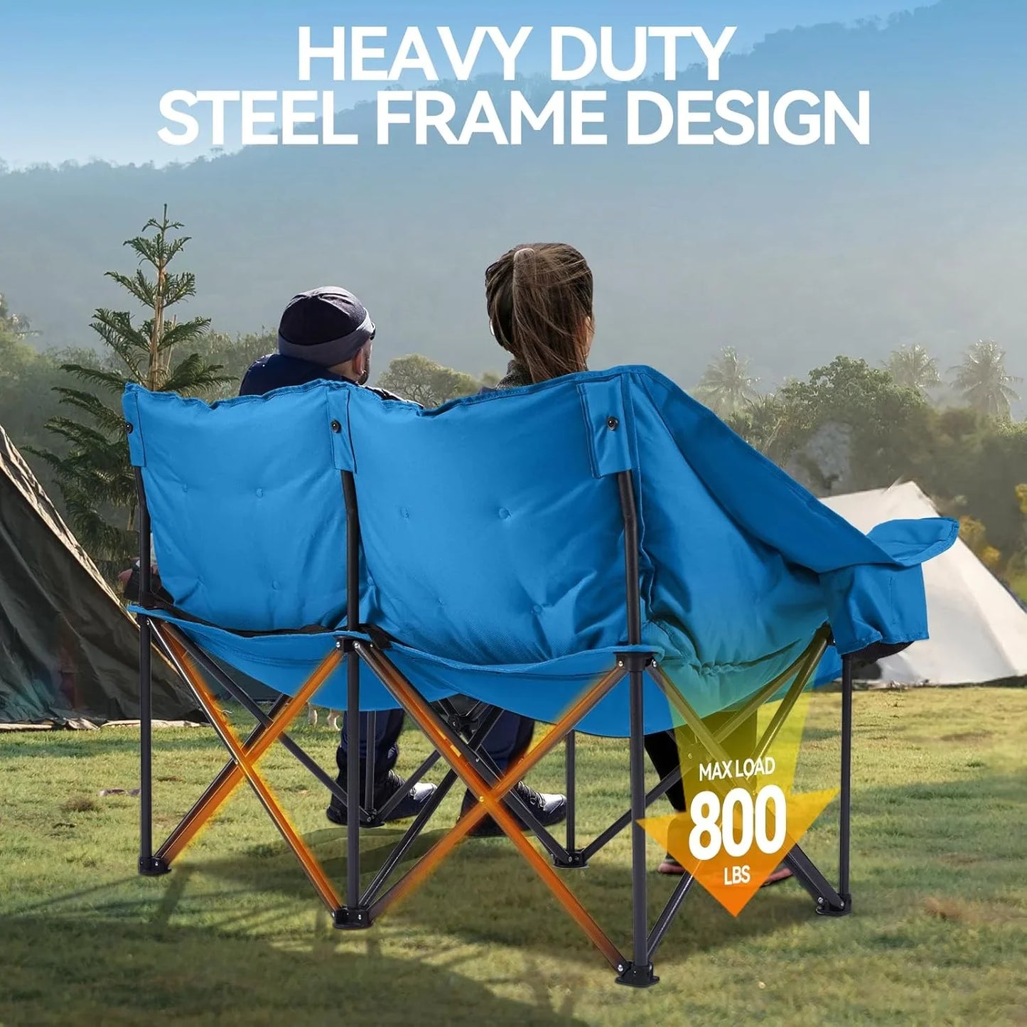 Double Camping Chairs Padded Loveseat Chair For 2 Person- Heavy Duty Oversized Camping Couch For Adults Outdoor Lawn Beach- Portable Folding
