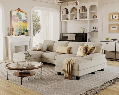 Furmax Sectional Couches For Living Room, U-Shaped Sofa Couch With Linen Fabric, 4 Seat Sofa Set With Double Chaise For Apartment, Fabric, Grey