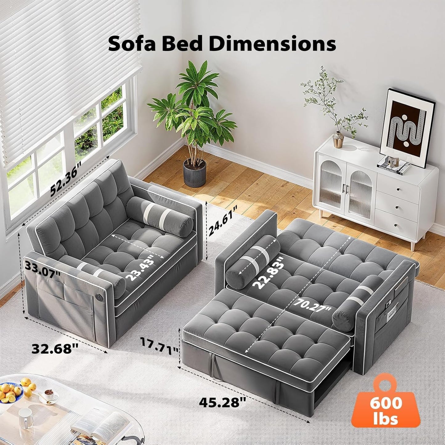 Pipishell 3-in-1 Convertible Sleeper Sofa Bed, Pull Out Couch For Living Room With USB Ports And Side Pockets, Adjustable Backrest, Velvet