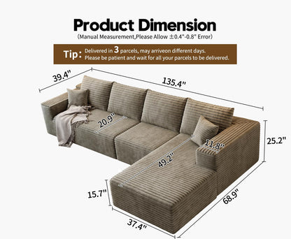 107.5 In. Cloud Modular Sectional Sofa Couch With L-Shape Chaise, Modern Minimalist Upholstered Couches For Living Room Bedroom