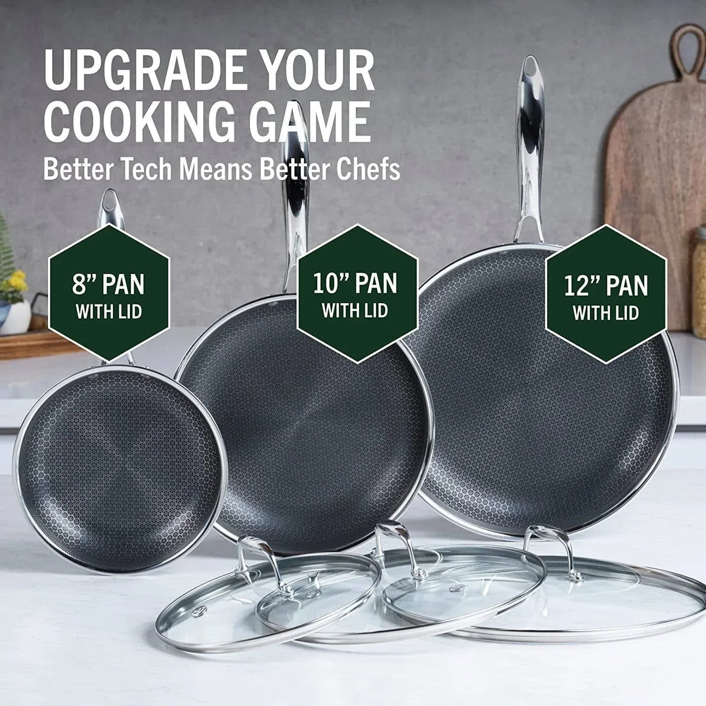 HexClad 6 Piece Hybrid Stainless Steel Cookware Pan Set 8 In. 10 In. 12 In. With Glass Lids Size, One Size Black