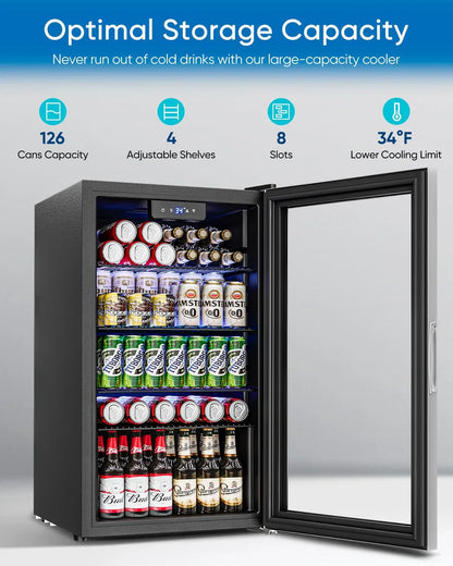 Beverage Refrigerator Cooler- 126 Can Mini Fridge Glass Door For Drinks Soda Beer Wine- Small Refrigerator For Office Bedroom Home Bar