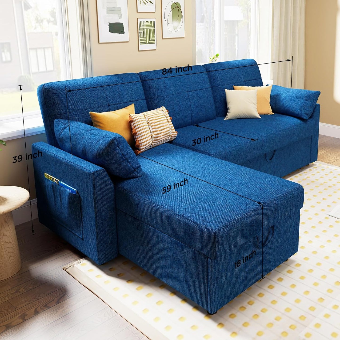 VanAcc Sofa Bed, Sleeper Sofa With Storage Chaise 2-in-1 Pull Out Couch Living Room