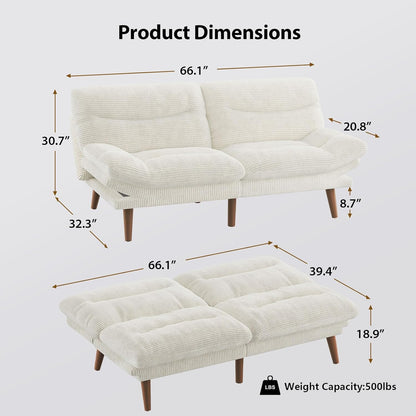 Pipishell Convertible Futon Sofa Bed, 66 In. Corduroy Futon Couch With Adjustable Backrest And Armrests, Recliner Sleeper Sofa For Small Spaces