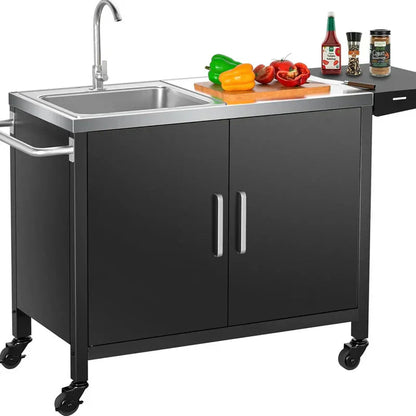 Outdoor Grill Table With Stainless Steel Sink- Metal Grill Cart Kitchen Island