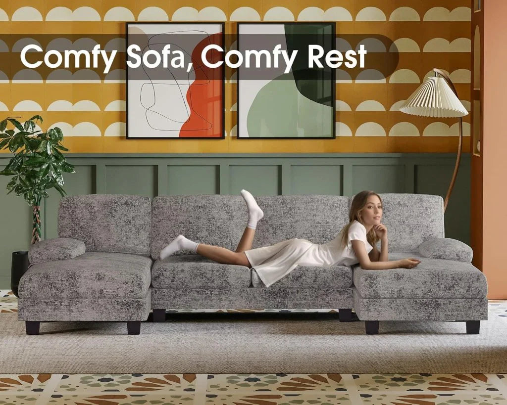 Furmax Sectional Couches For Living Room, U-Shaped Sofa Couch With Linen Fabric, 4 Seat Sofa Set With Double Chaise For Apartment, Fabric, Grey