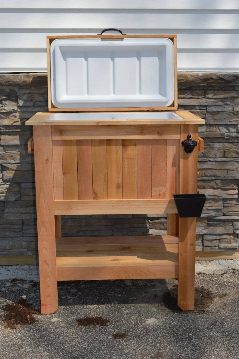 All Weather 48 Quart Antiqued Cedar Cooler Stand With Brass Drain, Bottle Opener And Cap Catcher, Beer Cooler