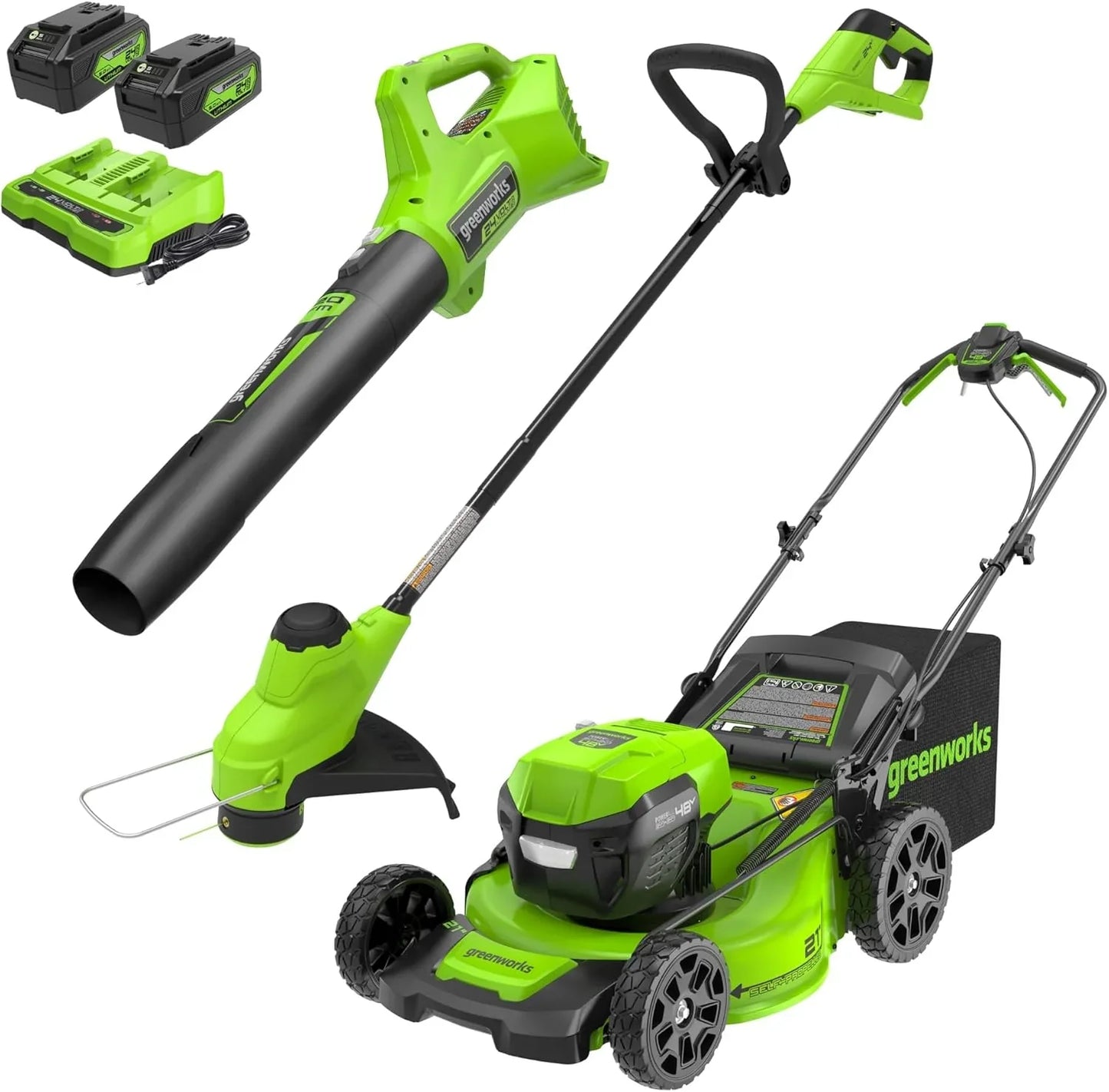 Greenworks 48V, 24V x 2 21 In. Brushless Self-Propelled Mower Plus 12 In. String Trimmer Plus 320CFM