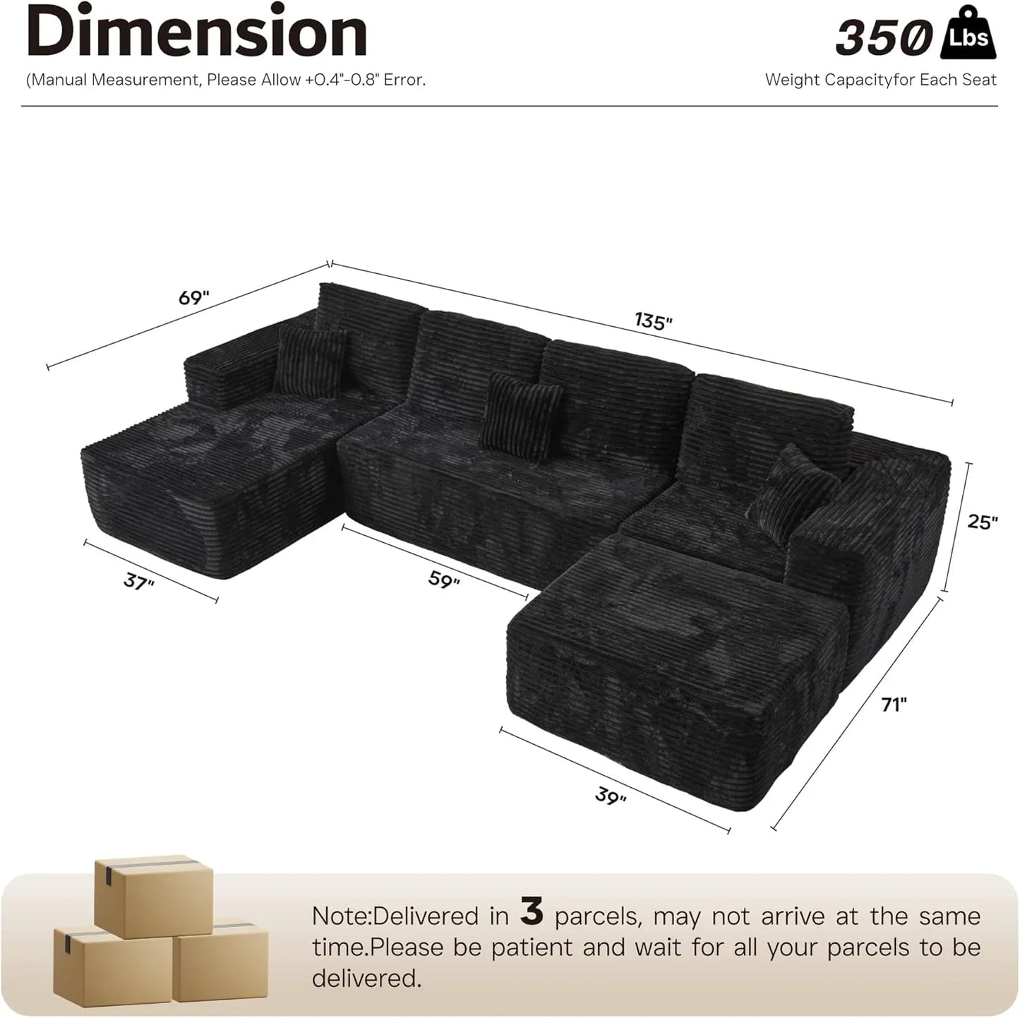 Ovios 104 In. Cloud Sectional Couch With L-Shape Chaise, Modern Modular Sofa With Deep Seat, Upholstered Couches For Living Room Bedroom