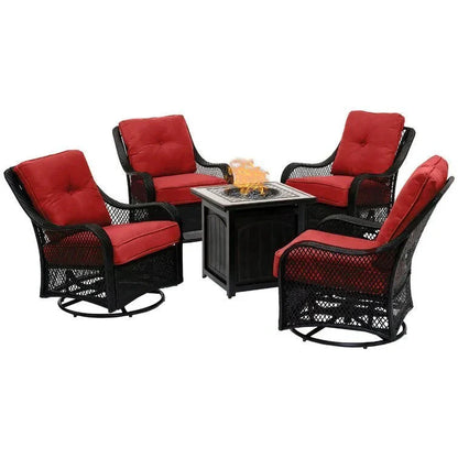 5-Piece Steel Patio Fire Pit Conversation Set With Navy Blue Cushions, Swivel Gliders And Square Fire Pit Table