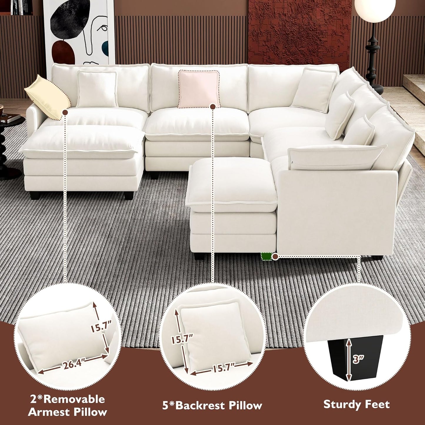 Ihanherry 146 In. U-Shaped Modern Sofa Modular Sectional Cloud Couch With 2 Ottoman