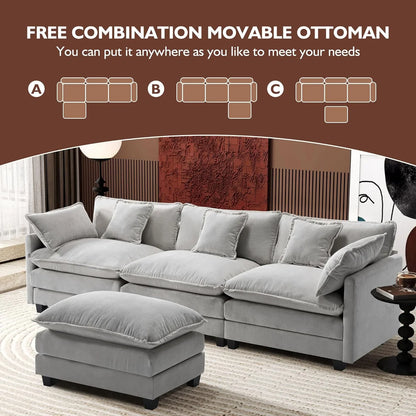 111.4 In. L-Shaped Modern Sofa Modular Cloud Sofa Ottoman 4-Seater Chenille Deep Seat Sofa