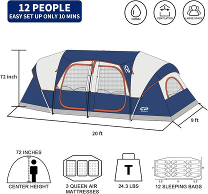 Campros Cp Tent 12-Person-Camping-Tents, 3 Room Family Tents, Waterproof Windproof Family Tent With Top Rainfly, 6 Large Mesh Windows