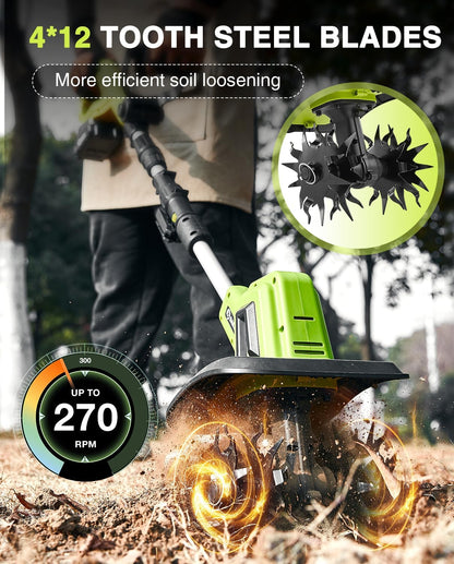 Saker 22V Cordless Electric Garden Tiller Cultivator, Lightweight Rototiller For Gardening, 9-Inch Tilling Width