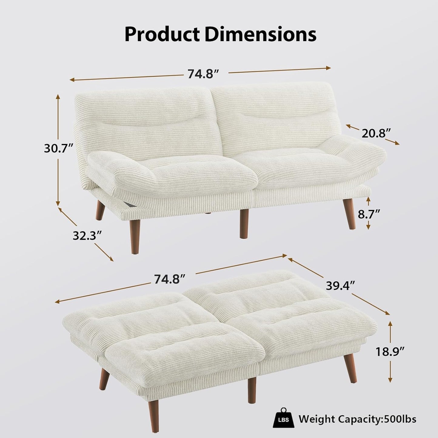 Pipishell Convertible Futon Sofa Bed, 66 In. Corduroy Futon Couch With Adjustable Backrest And Armrests, Recliner Sleeper Sofa For Small Spaces