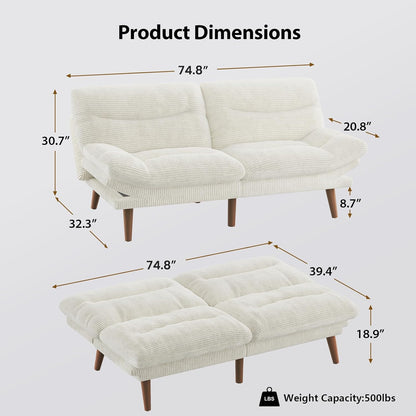 Pipishell Convertible Futon Sofa Bed, 66 In. Corduroy Futon Couch With Adjustable Backrest And Armrests, Recliner Sleeper Sofa For Small Spaces